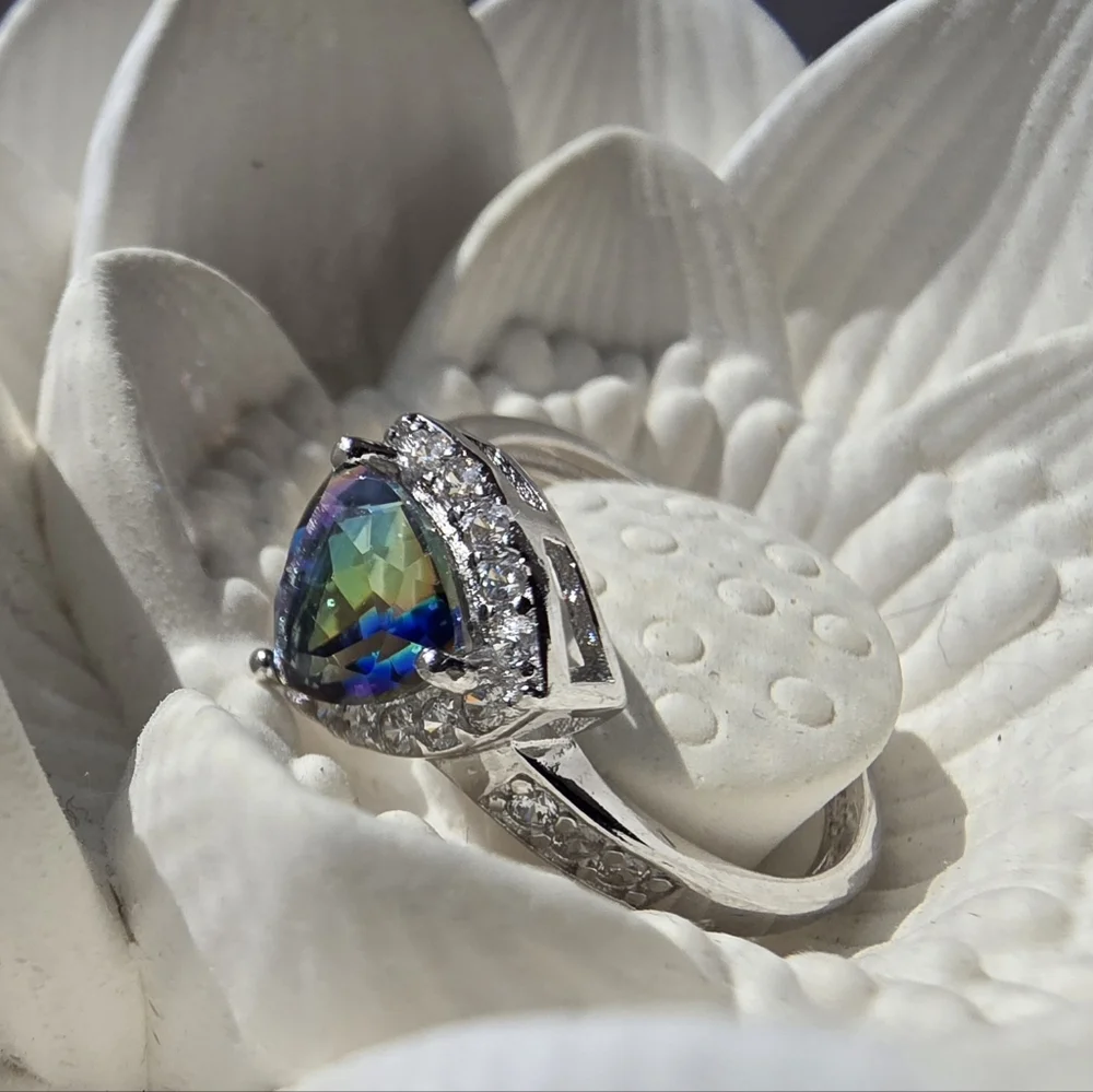 Mystic Topaz Rainbow Trilliant (Trillion) Cut 925 Sterling Silver Ring Pave